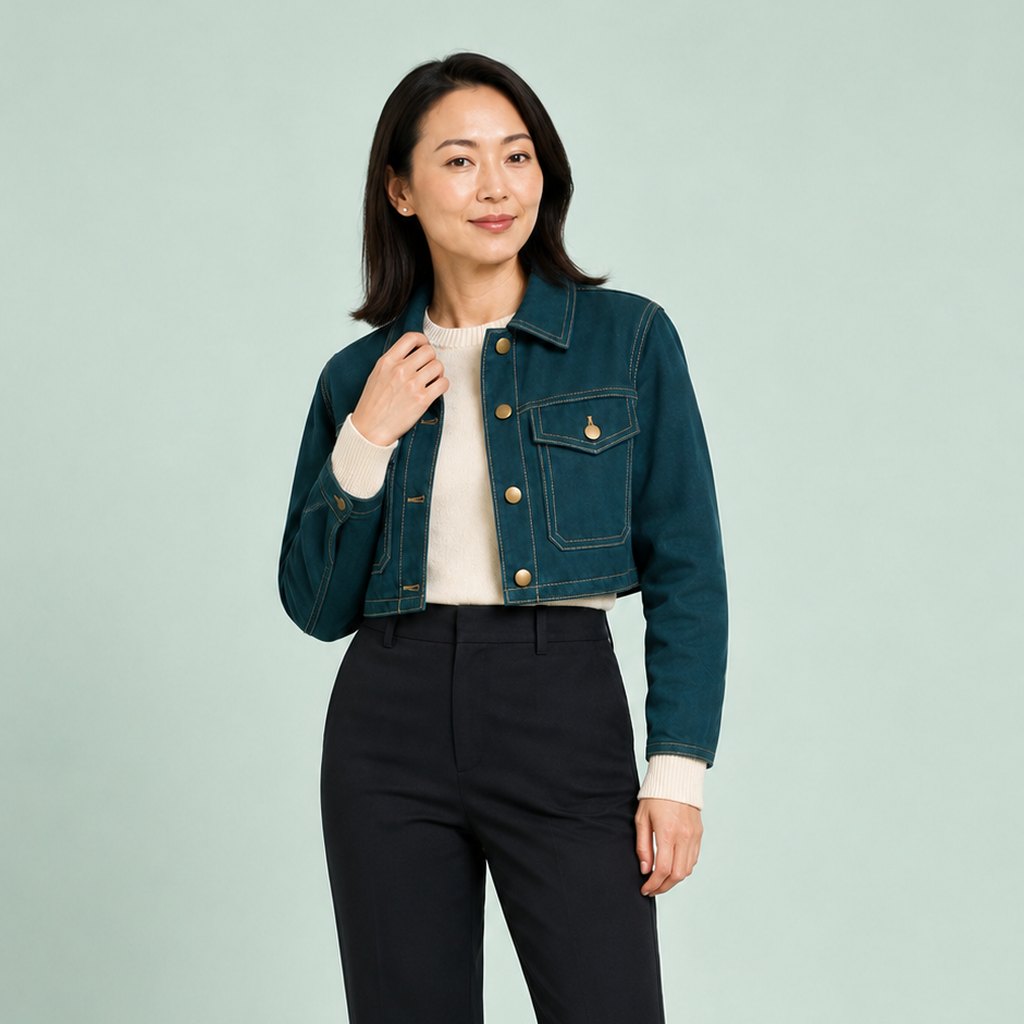 Caso sintético Foture de una modelo con chaqueta verde azulado
